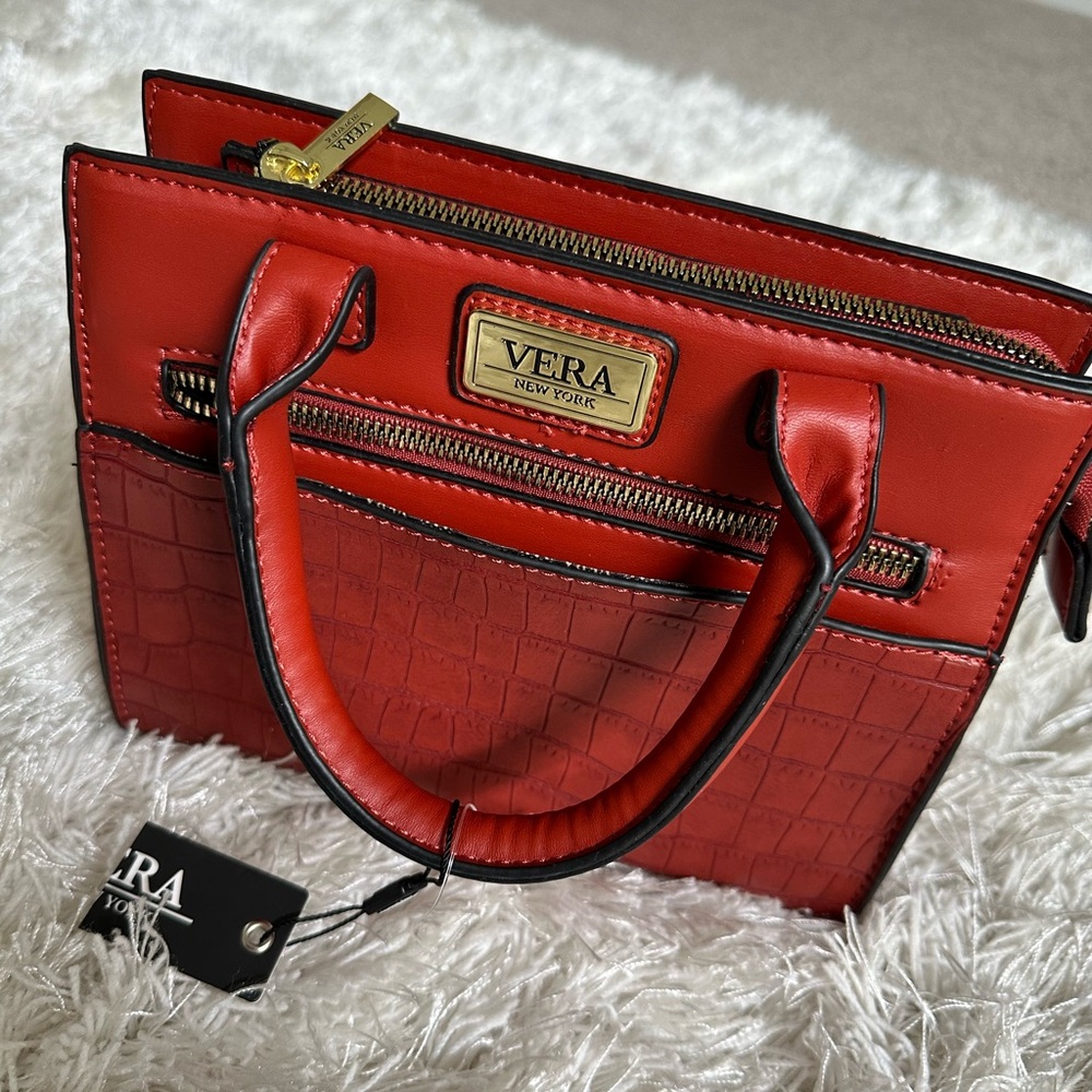 VERA NEW YORK Brick Red Satchel PURSE Crossbody Handbag Ellen Croco 13”X10.5”